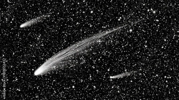 Fototapeta gravitational. Invisible comet silhouettes revealed through gravitational distortion of distant starfields. STEM education sheets, lab safety posters, designed for biotech research communications.