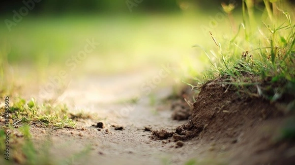 Fototapeta spodumene. Small depression in lawn with scattered soil fragments and textured ground. real-estate listings, architecture portfolios, designed for real-estate listing and luxury residence showcases.
