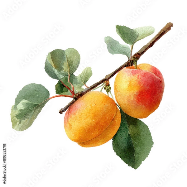 Fototapeta Two ripe apricots with green leaves on a branch against black fruit leaf, Cut Out, Isolated On White Background, Png Transparent