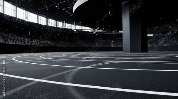 Fototapeta velodrome. Vast empty indoor cycling arena with circular track under dim lighting. event key visuals, club posters, designed for sports event promotions and stadium branding.