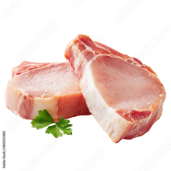 Fototapeta Two raw pork chops with bone and parsley garnish on black background meat, Cut Out, Isolated On White Background, Png Transparent