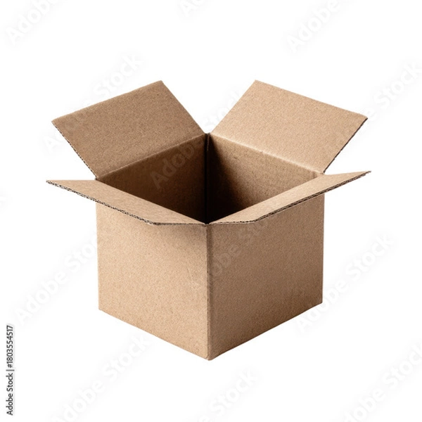 Fototapeta Open brown cardboard box with flaps extended on black background empty, Cut Out, Isolated On White Background, Png Transparent