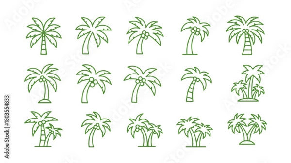 Fototapeta Vector Line Icon Set for Trees. Featuring Palm Tree and Coconut Tree designs. Thickened Stroke

