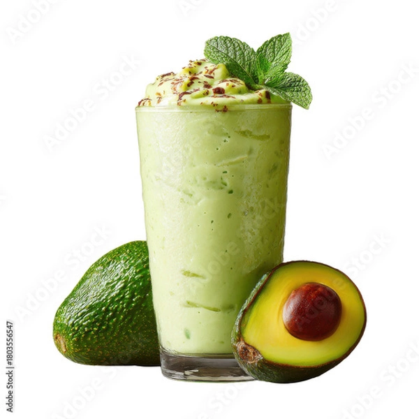 Fototapeta Tall glass of creamy green avocado smoothie topped with mint and chocolate shavings drink beverage, Cut Out, Isolated On White Background, Png Transparent
