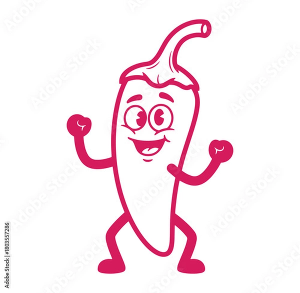 Fototapeta Cheerful cartoon chili pepper character with arms and legs isolated on a white background