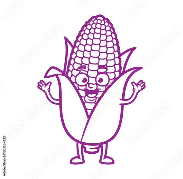 Fototapeta Cheerful cartoon corn character with smiling face and waving arms in purple outline