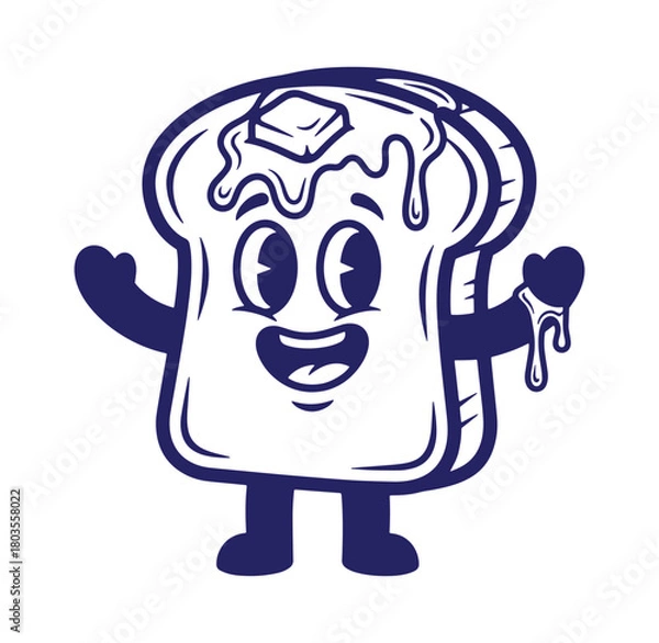 Fototapeta Cheerful cartoon illustration of a buttered toast slice with smiling face and drips