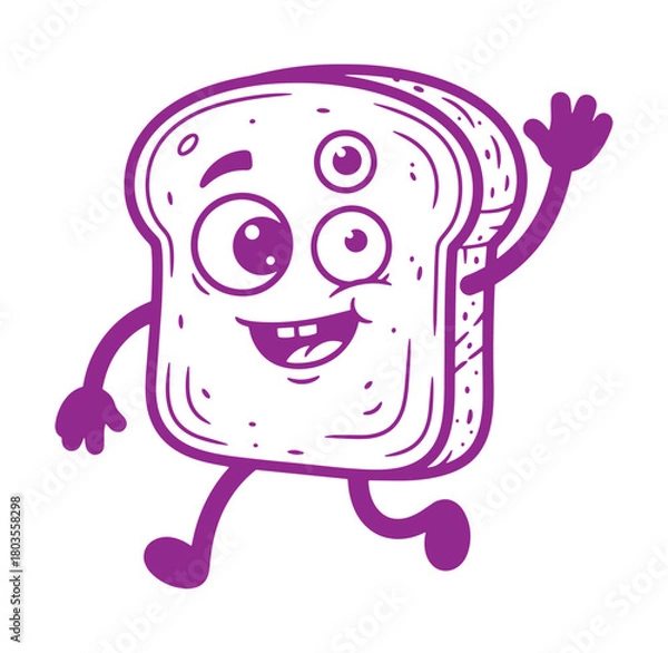 Fototapeta Cheerful cartoon illustration of a slice of bread with a happy face and waving hand