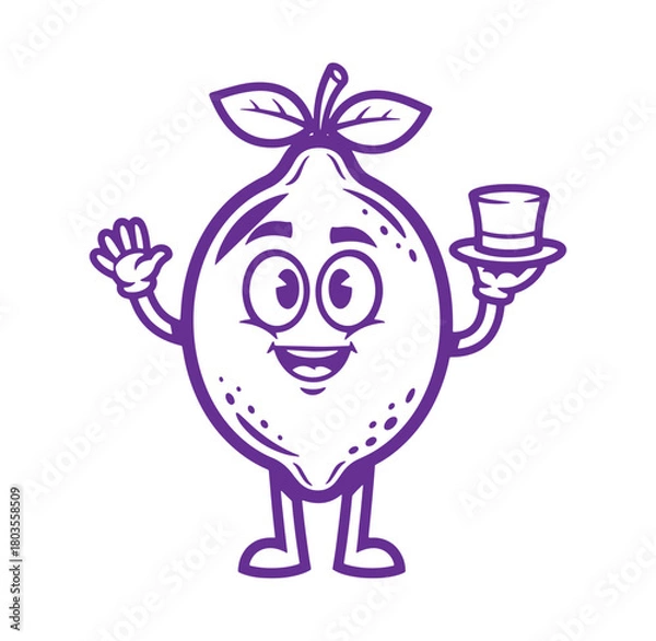 Fototapeta Cheerful cartoon lemon character waving and holding a hat vector illustration design
