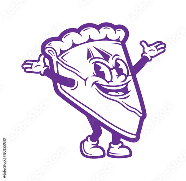 Fototapeta Cheerful cartoon slice of pie character with arms and legs invites you to enjoy dessert
