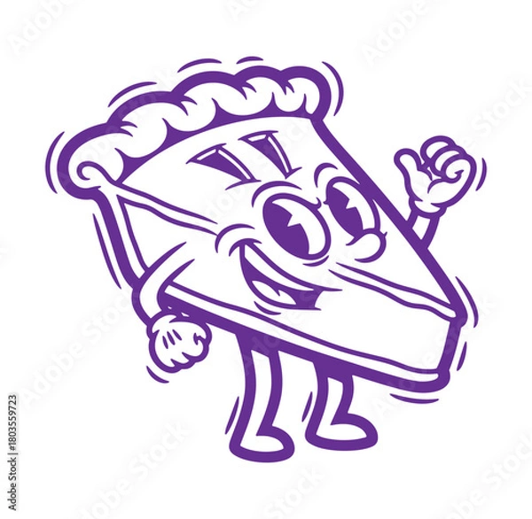 Fototapeta Cheerful cartoon slice of pie character with arms and legs waving hello and smiling.
