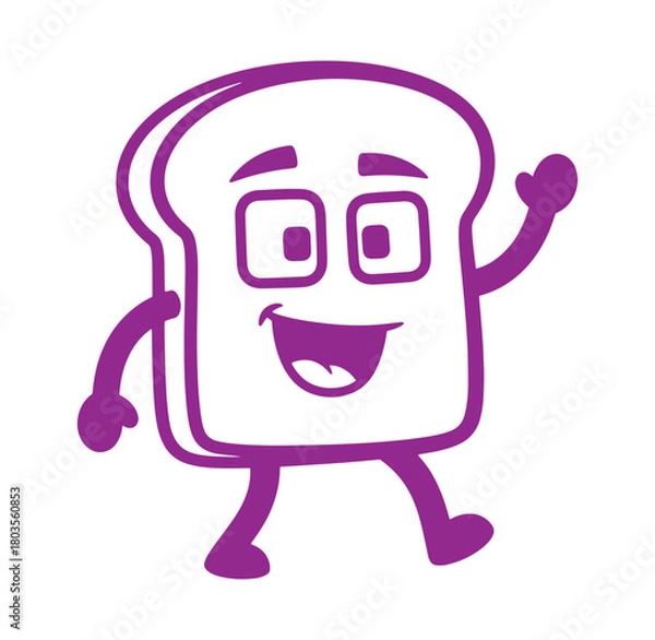 Fototapeta Cheerful purple bread slice character smiling and waving a friendly greeting vector illustration