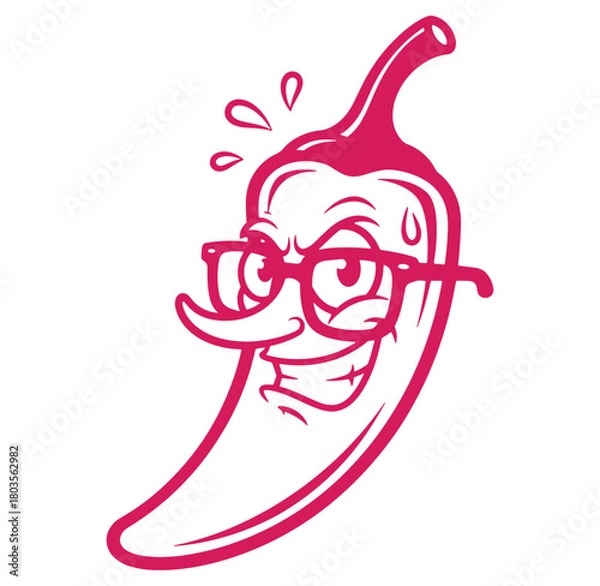 Fototapeta Funny cartoon chili pepper with glasses smiling and showing expression of spice heat