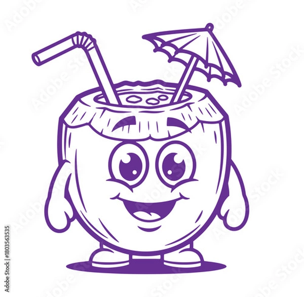 Fototapeta Happy cartoon coconut drink with straw and umbrella for tropical beverage concept