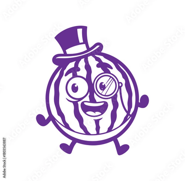 Fototapeta Happy cartoon watermelon character wearing a top hat monocle and smiling on a white background