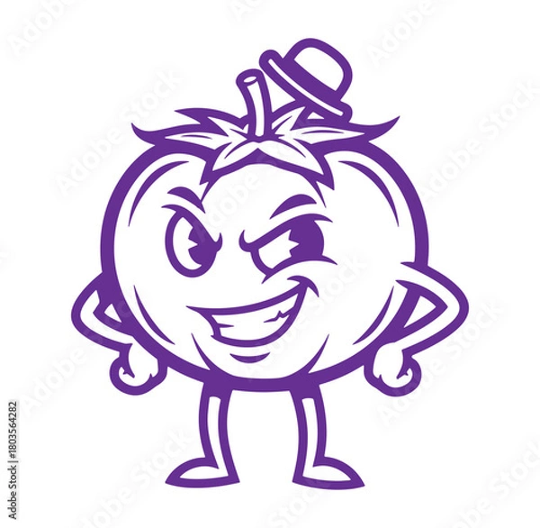 Fototapeta Smiling animated tomato character wearing a bowler hat with arms akimbo wink in purple