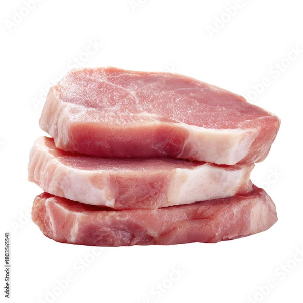 Fototapeta Stack of three raw pork chops with white fat against black background meat steak, Cut Out, Isolated On White Background, Png Transparent