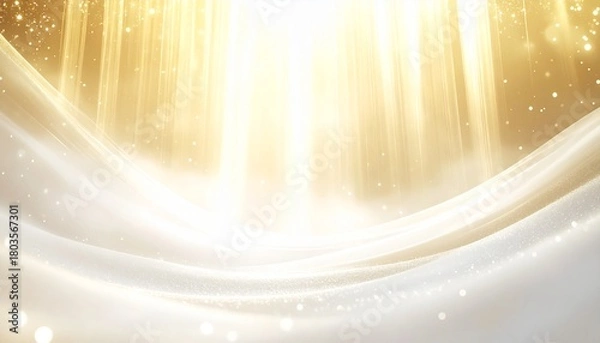 Fototapeta Ethereal golden light illuminates luxurious white silk fabric, creating a serene background of purity, elegance, and divine radiance with a gentle, sparkling aura for celebratory moments