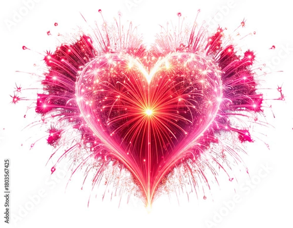 Fototapeta  Glowing Heart-Shaped Firework Burst With Radiant Sparks, Symmetrical Front View, Isolated On Transparent Background