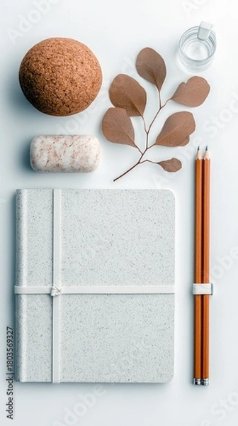Fototapeta A minimalist flat lay composition featuring stationery and natural elements arranged on a white surface.