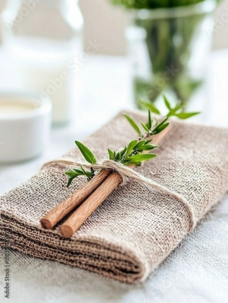 Fototapeta A close-up view of a folded burlap napkin, adorned with two cinnamon sticks and a fresh green sprig, tied with twine. The napkin rests on a white tablecloth, wi