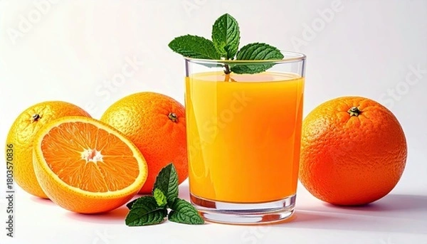Fototapeta A refreshing glass of orange juice is presented with whole and halved oranges and sprigs of mint, suggesting a healthy and vibrant drink.