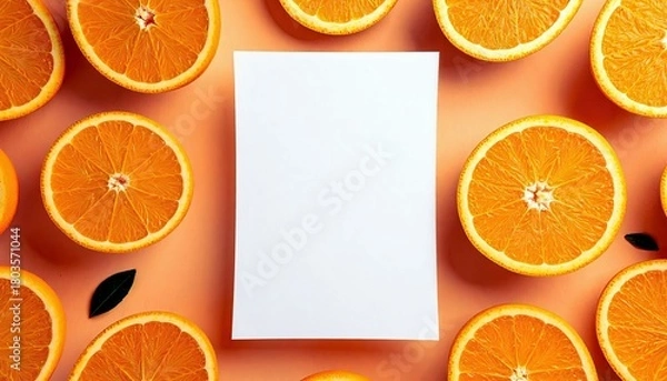 Fototapeta A vibrant flat lay composition features numerous sliced oranges and a blank white sheet of paper, set against a warm orange backdrop.