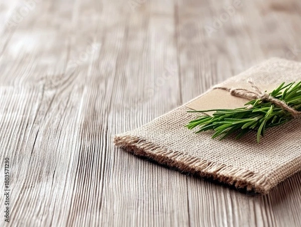 Fototapeta A bundle of fresh rosemary sprigs is tied with twine and placed on a piece of burlap with a small tag, set against a textured wooden background.
