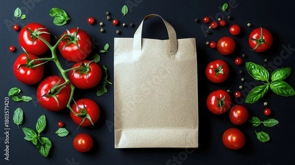 Fototapeta A collection of fresh, ripe tomatoes and vibrant basil leaves are artfully arranged around a plain brown paper bag, suggesting a grocery haul or ingredients for