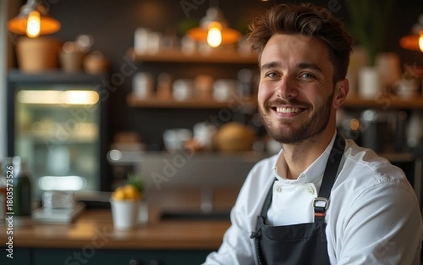 Fototapeta Handsome man working in the cafe. High quality