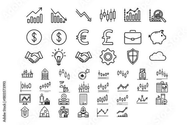 Fototapeta silhouettes pack 15 black Minimalist stock market line icons set. thin linear with pure white background