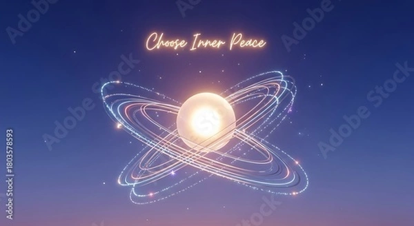 Fototapeta Find Your Inner Peace Glowing in the Night Sky with Sparkling Lights and Orbiting Rings, Perfect for Meditation, Mindfulness, and Inspiring Positive Thoughts in Your Life
