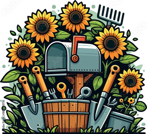 Obraz Sunny Garden Mailbox with Tools and Sunflowers