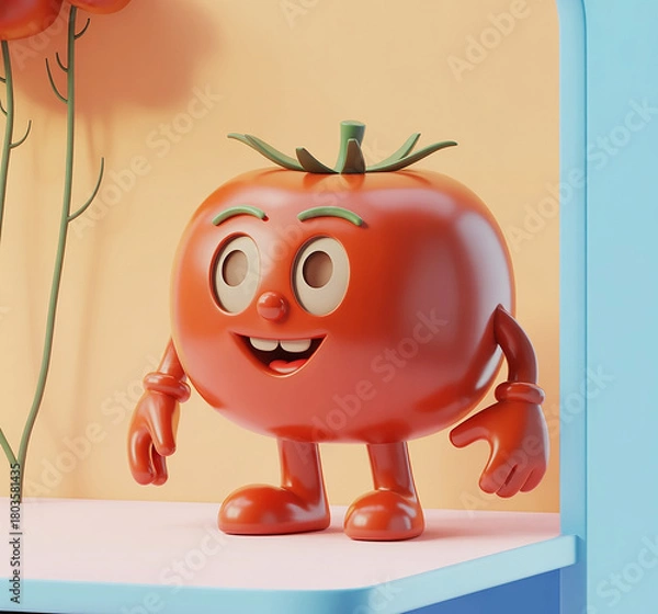Fototapeta A cheerful cartoon tomato character with a friendly smile and big eyes, standing on a shelf