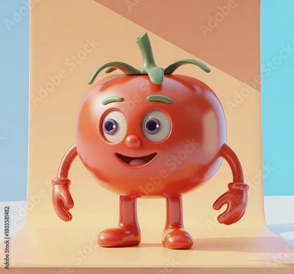 Fototapeta A charming 3d rendered tomato character with wide eyes and a friendly smile, standing upright