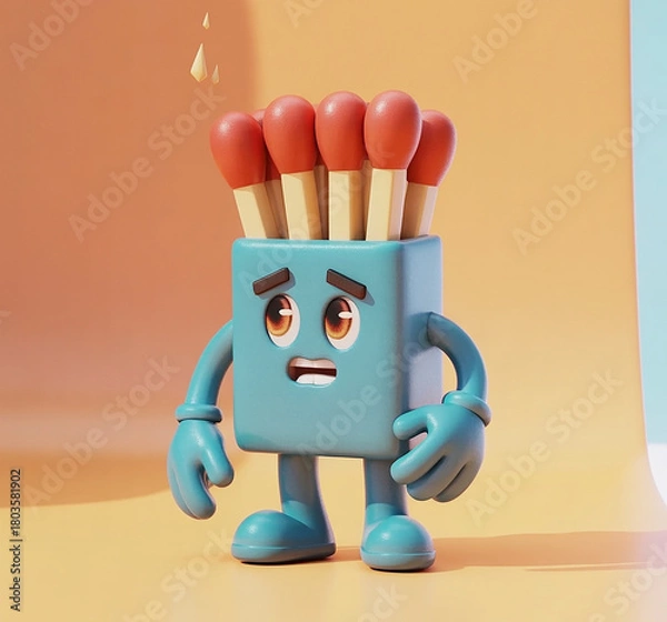 Fototapeta A cartoon blue matchbox character with matches on its head looks worried