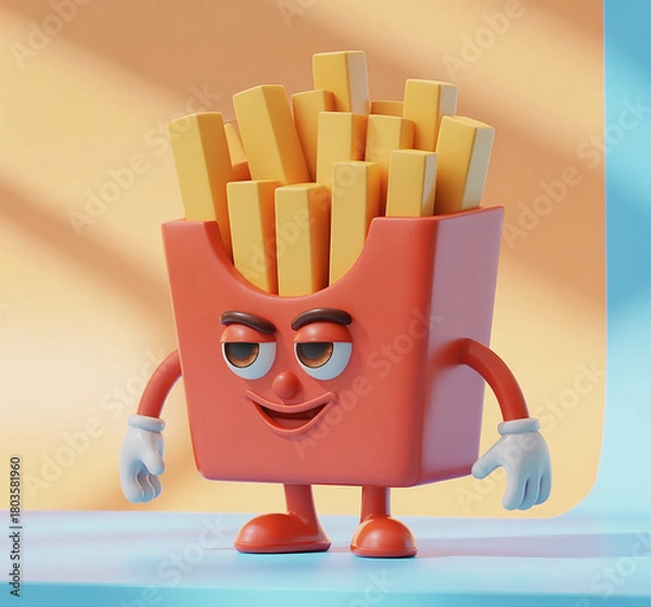 Fototapeta A french fry character with a red container, white gloves, and a smiling face, standing on a table