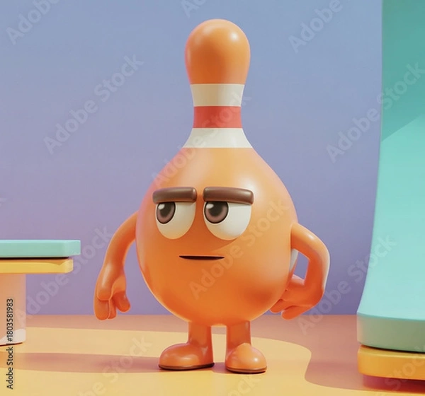 Fototapeta A bored orange bowling pin character with droopy eyes and a neutral mouth, standing on a table