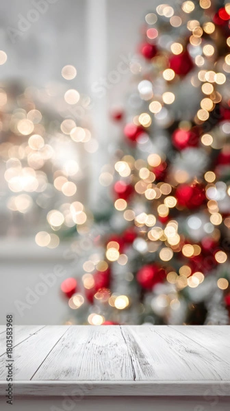 Fototapeta Wooden surface against blurred Christmas tree background with festive bokeh lights and red ornaments. Christmas background concept