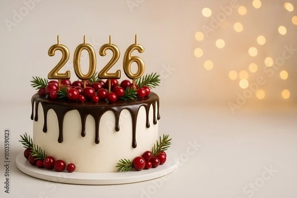 Fototapeta A festive cake with chocolate icing, cranberries and candles in the shape of the numbers 2026 on a festive background with copy space
