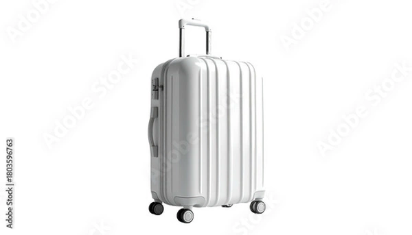 Obraz Sleek, white suitcase on wheels against a stark black backdrop