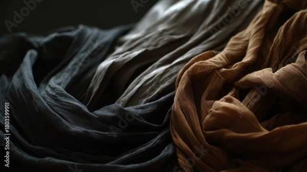 Obraz Ethereal Flow of Textured Fabrics - Deep Teal and Warm Earth Tones in Dramatic Light.