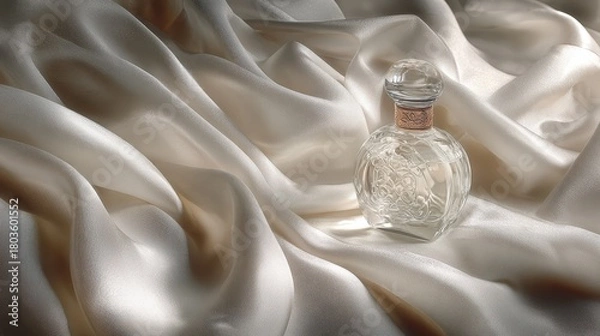 Obraz Ethereal Glass Perfume Bottle Resting on Luminous, Flowing Iridescent Silk.