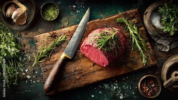 Obraz Vibrant Raw Beef Roast with Fresh Rosemary and Thyme on Rustic Wooden Board.