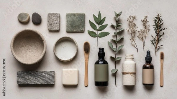 Obraz Natural Skincare Essentials Arranged Artfully with Botanicals and Stones.