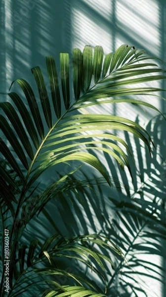 Obraz Lush Green Palm Leaves Bathed in Sunlight, Casting Dramatic Geometric Shadows.