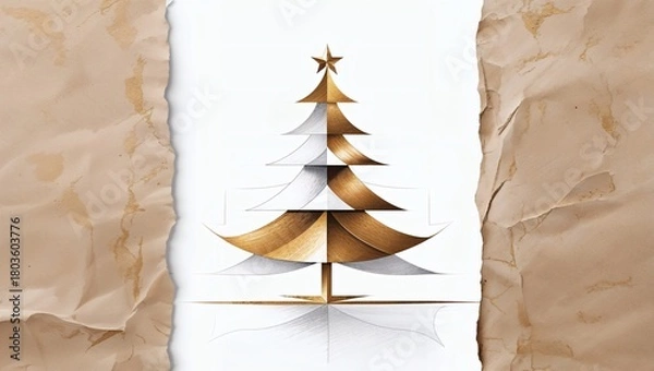 Fototapeta Abstract Christmas tree shape in golden tones on textured background  