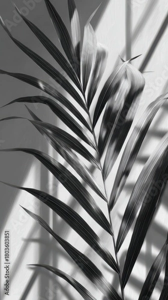 Obraz Dramatic Black and White Palm Frond with Stark Geometric Shadows on Textured Wall.