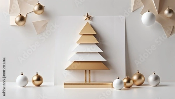 Fototapeta Abstract Christmas tree shape with golden decorations and ornaments  