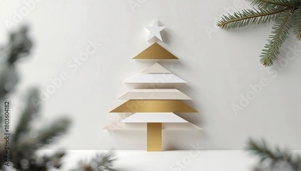 Fototapeta Abstract Christmas tree shape in minimalist design with gold accents  